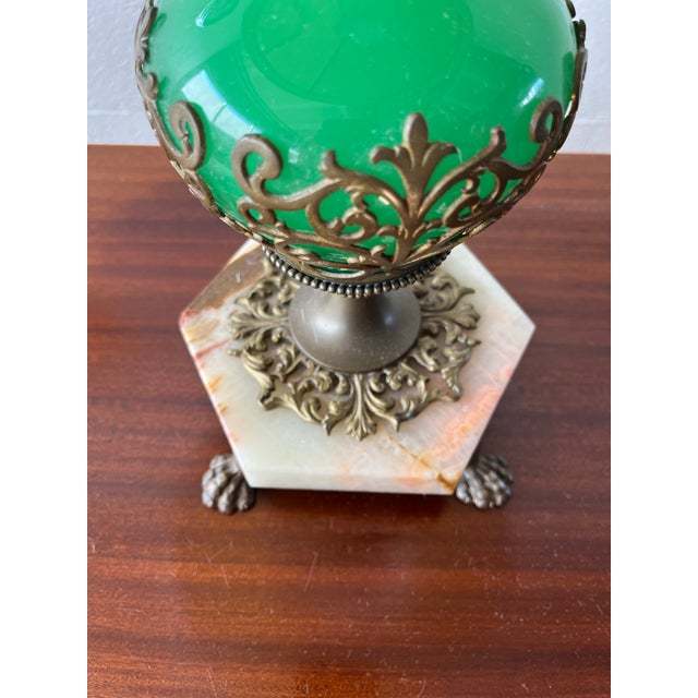 Vintage Green Glass Table Lamp With Ornate Bronze Base & Marble Footed Stand For Sale - Image 4 of 9