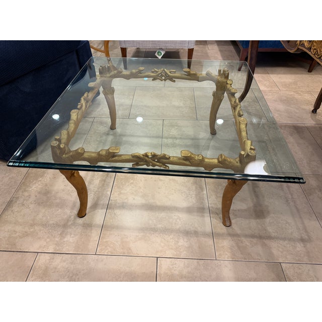 Glass Top Gilt Metal Faux Bois Cocktail Table w/Ogee Edge on Glass Top