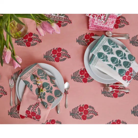 Gulshan means a flower garden in Arabic. The repeating botanical motif in sea green hues is rendered as a solid “gad”...