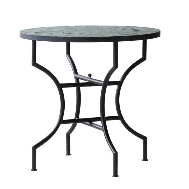 2020s Matthew Izzo Home Moroccan Zellige Tamegroute Green Tile and Iron X Base 32" Round Bistro Table For Sale - Image 5 of 5