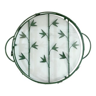Vintage Bamboo Metal Tole Tray With Glass Top For Sale