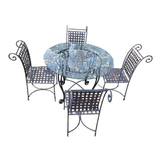 Late 20th Century Round Wrought Iron Glass Top Table With 4 Chairs For Sale