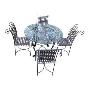 Late 20th Century Round Wrought Iron Glass Top Table With 4 Chairs