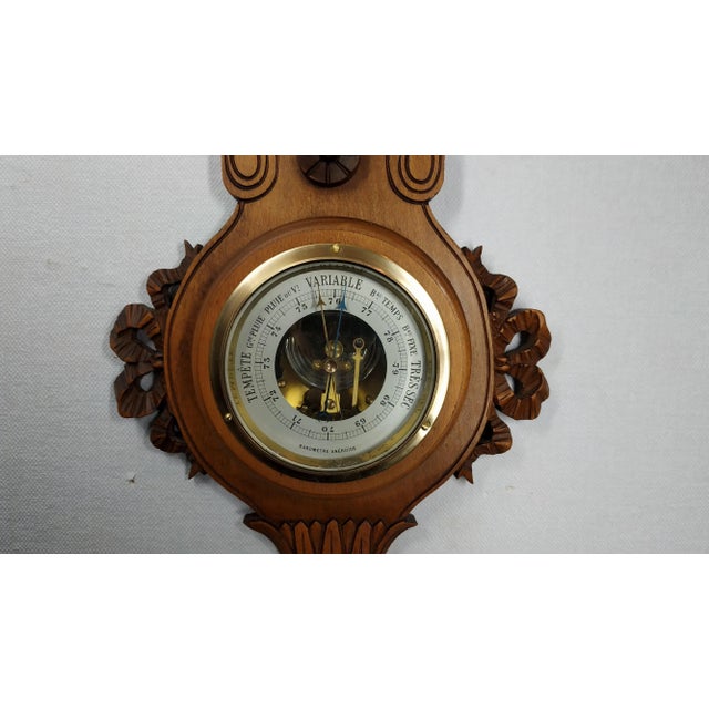 Mid 20th Century Art Deco Weather Station Barometer Thermometer in Carved Wood and Beveled Glass For Sale - Image 4 of 9