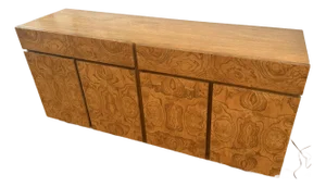1970s Art Deco Style Burled Ash Credenza With Book-Matched Veneer