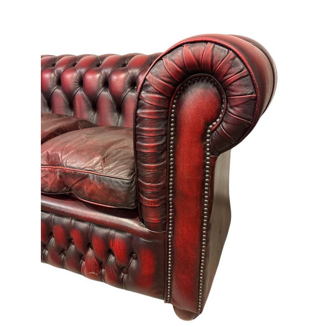 Animal Skin Vintage Chesterfield Three-Seater Sofa in Oxblood Leather, 1980s For Sale - Image 7 of 9