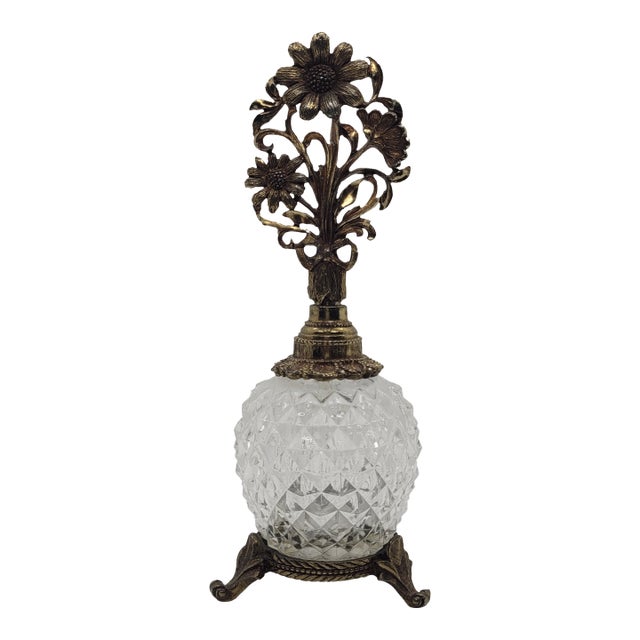 Vintage Matson Ormolu Perfume Bottle, Gilt Brass, Cut Glass, Floral Topper, Base For Sale