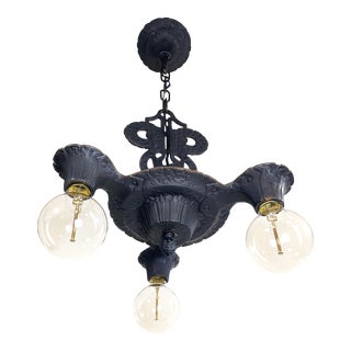 3-Arm Cast Iron Chandelier in Black for Victorian or Brownstone For Sale