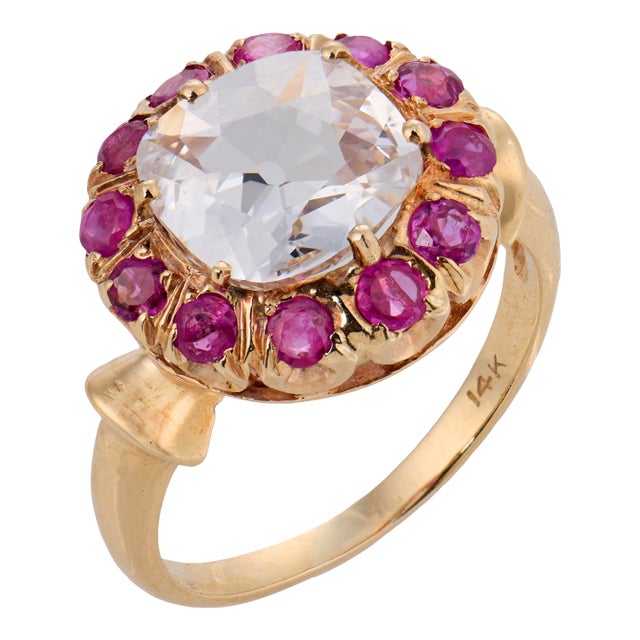 1940s Retro Gia 1.51 Carat Diamond Ruby 14k Yellow Gold Cluster Ring, Size 6 For Sale