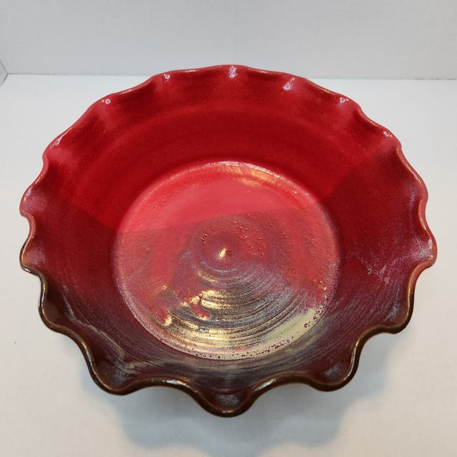 Arts & Crafts Vintage Handmade Ruffled Ceramic Bowl Red & Brown Drip Glaze Studio Pottery For Sale - Image 3 of 9