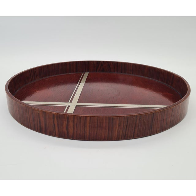 Brown Art Deco Round Dark Veneer Tray with Metal Decoration, 1930s For Sale - Image 8 of 9