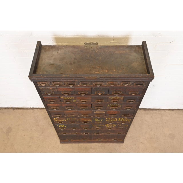 Antique Arts & Crafts 54-Drawer Card File Cabinet or Industrial Parts Cabinet, Circa 1900 For Sale - Image 9 of 12