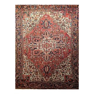 Vintage Room Size Heriz, Handwoven Geometric Medallion Pattern, Red & Navy, 9’ X 11’ For Sale