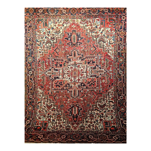 Vintage Room Size Heriz, Handwoven Geometric Medallion Pattern, Red & Navy, 9’ X 11’ For Sale
