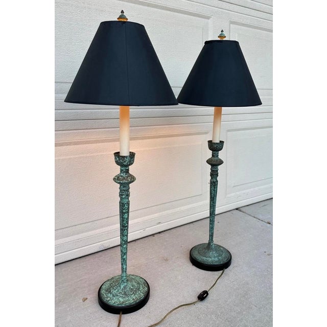 Verdigris Pair of Vintage Frederick Cooper Verdigris Candlestick Buffet Table Lamps For Sale - Image 8 of 18