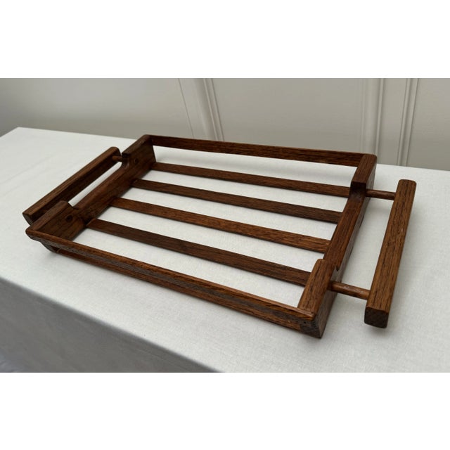 Mid Century Modern Open Slat Solid Oak Wood Double Handled Tray For Sale - Image 12 of 12