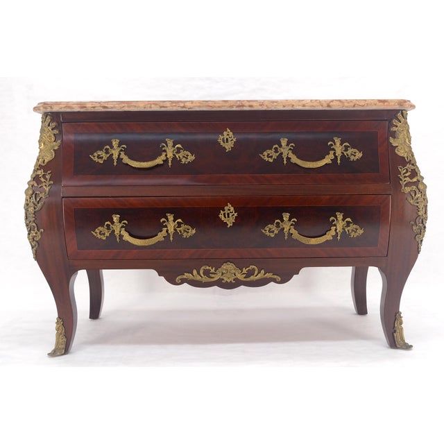 Louis XV Bombe Style Bronze Mounted Mahogany Rouge Marble Top Commode Dresser For Sale - Image 14 of 17