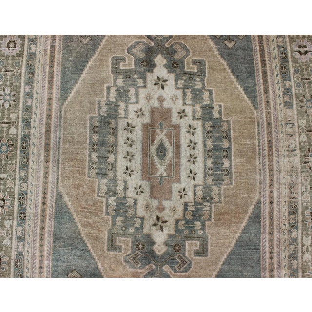 Vintage Oushak in Gray Green, Beige, Camel Background and Light Green Border For Sale In Atlanta - Image 6 of 9