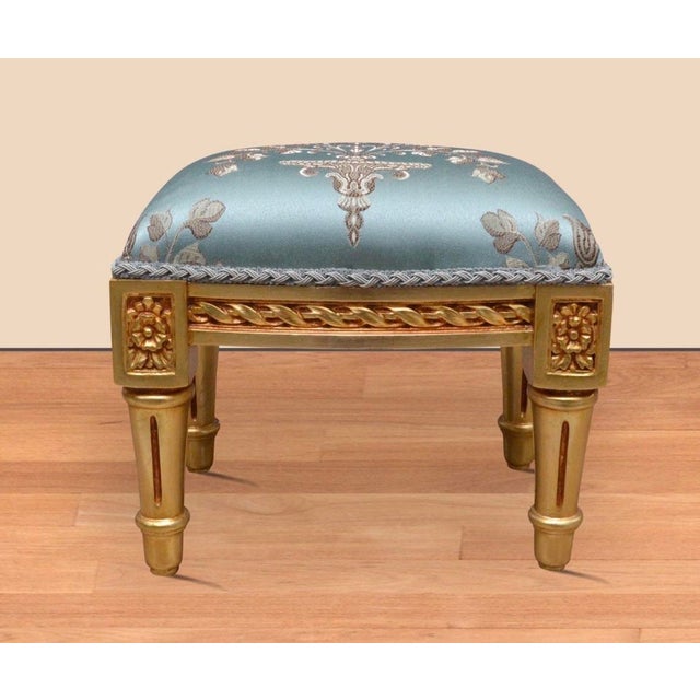 French 1990s Blue Upholstered Footstool in Gold Leaf For Sale - Image 3 of 3
