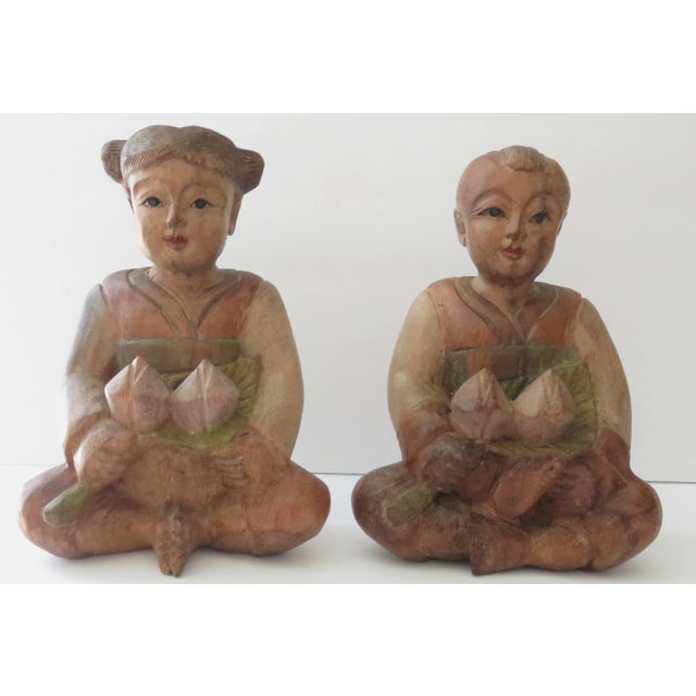 Mid 20th Century Vintage Hand Carved Wooden Statues Boy Girl Asian Influenced Figures - Set of 2 For Sale - Image 5 of 10