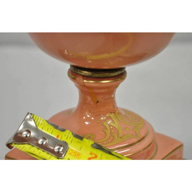 Pink Antique French Victorian Paris Porcelain Coral Figural Painted Table Lamps, Pair For Sale - Image 8 of 14