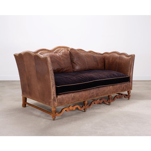 2000 - 2009 Country English Style Distressed Leather and Walnut Sofa For Sale - Image 5 of 18