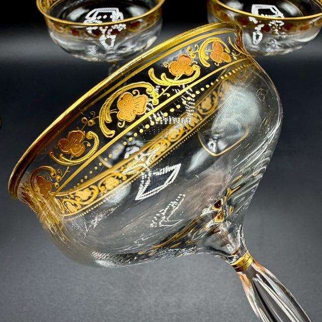 French Belle Époque Hand-Blown and Hand-Gilded Glass Champagne Coupes, Wine, Port and Liqueur Glasses, 1900s, Set of 18 For Sale - Image 9 of 18