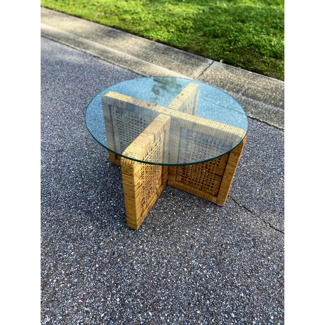 Modern Boho Petite Side Table or Coffee Table | Interlocking Rattan Block Base With Glass Top For Sale - Image 3 of 12