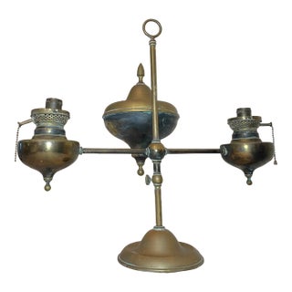 Large Antique 19th Century Electrified Two Arm Brass Oil Student Adjustable Lamp For Sale