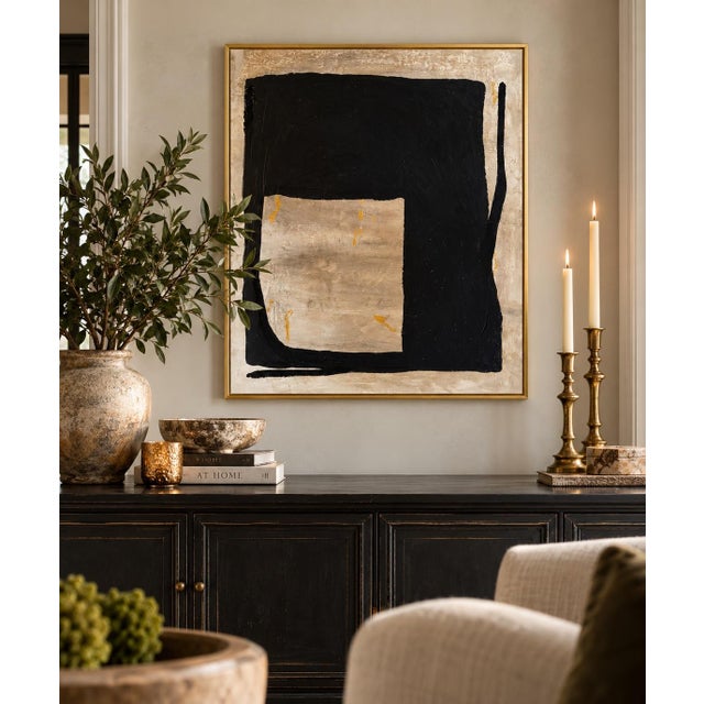 Black Original Modern Abstract Black & Neutral Painting With Gold Frame – 24” X 20” by Artist "Marek" For Sale - Image 8 of 9