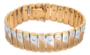 Diamond 14k Two Tone Gold Wide Bar Link Bracelet
