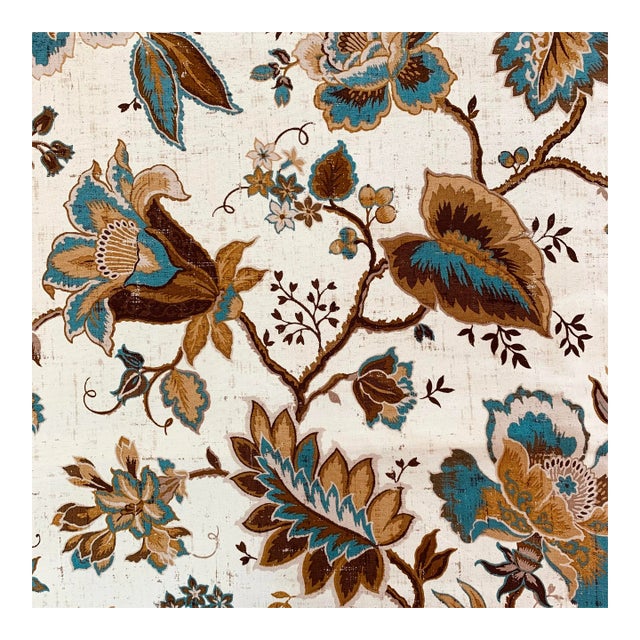 P Kaufmann Waverly Brown Cream Teal Tan Botanical Jacobean Leaf Vine Fabric Sample For Sale