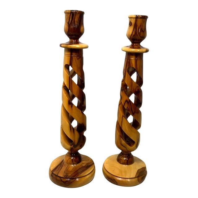 Vintage MCM Holy Land Olive Wood Spiral Pilar Candlesticks Holders-Pair For Sale