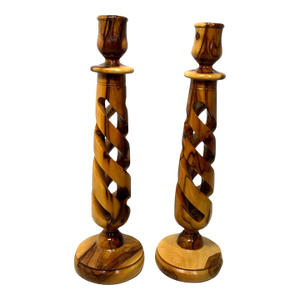 Vintage MCM Holy Land Olive Wood Spiral Pilar Candlesticks Holders-Pair
