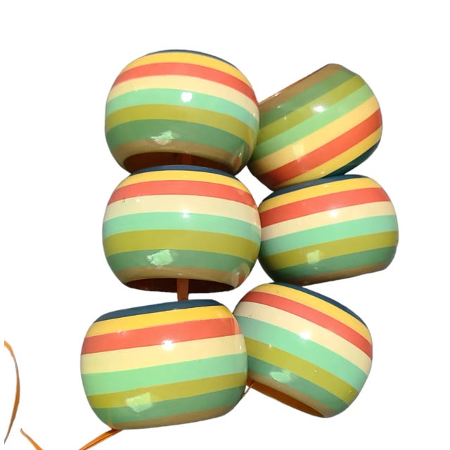 Vintage Set of 6 Colorful Wood Striped Napkins Rings For Sale - Image 4 of 4