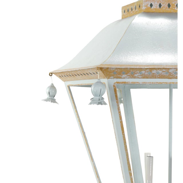 Chinoiserie Vintage French Chinoiserie Three-Tier Pagoda-Shaped Metal Chandelier, White, Light Blue, and Gold For Sale - Image 3 of 11