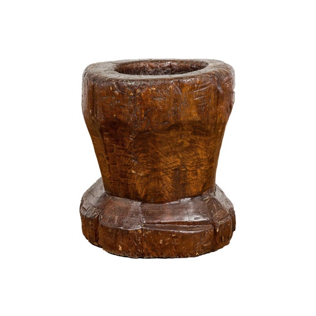 19th Century Rustic Teak Wood Mortar Urn, Antique Planter for Vintage Home Decor For Sale - Image 4 of 12