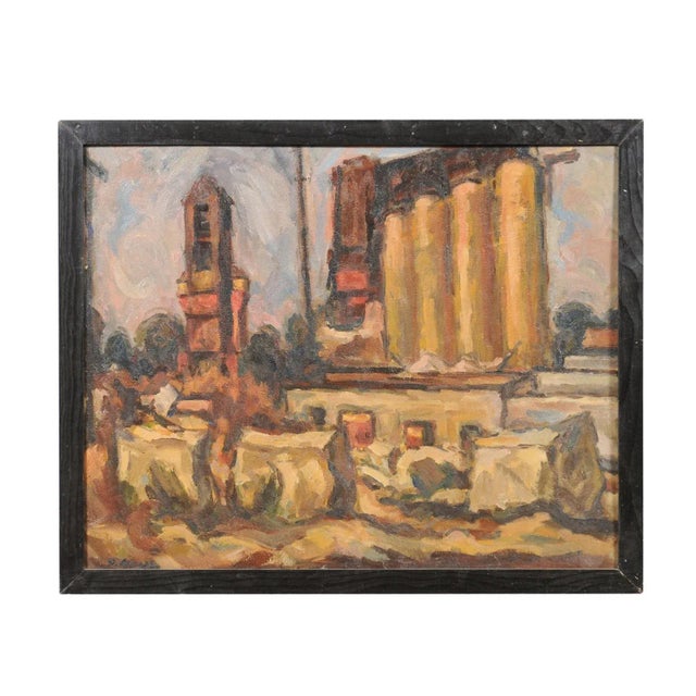 Mid-Century Abstract Painting 'Town Landscape' in a Rustic Black Wood Frame For Sale - Image 9 of 11