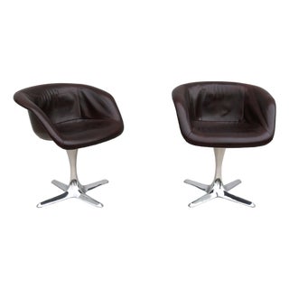 1960 Mid-Century Modern Burke Division Brown Leather Swivel Bucket Chairs, a Pair For Sale