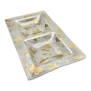Vintage Mid Century Modern Georges Briard "Golden Butterflies" Glass Divided Serving Dish For Sale