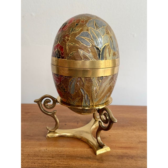 Large 1970s Brass and Enamel Floral Egg Box on Stand For Sale - Image 6 of 8