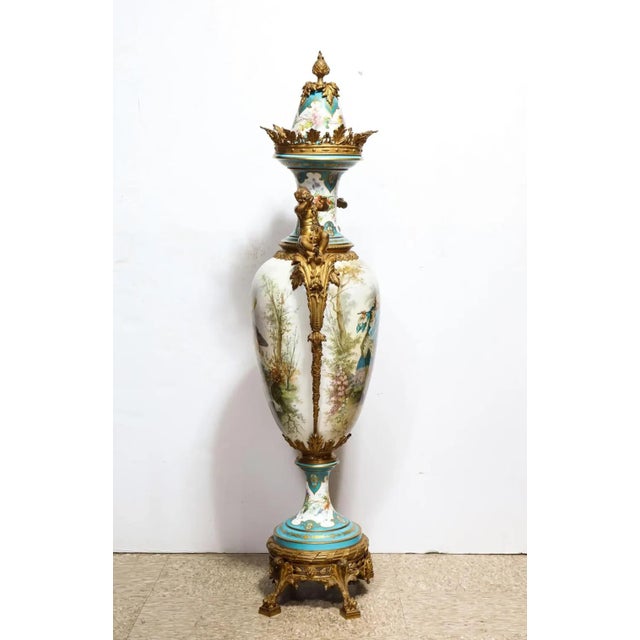 Mid 19th Century Palatial French Ormolu-Mounted Sevres Porcelain Hand-Painted Vase and Cover For Sale - Image 13 of 18