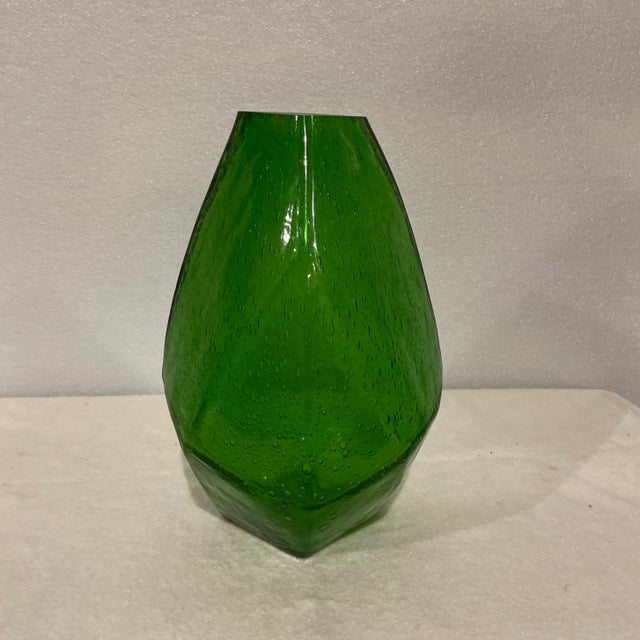 Geometric angular designed green seeded glass vase