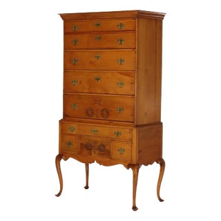 Period Federal Queen Anne Maple Highboy With Rosette & Starburst Pattern C1790 For Sale