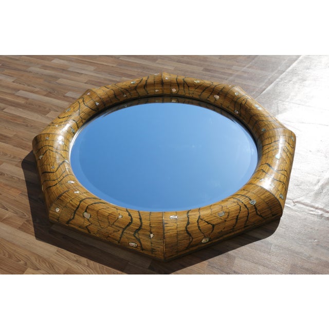 Contemporary Vintage 1970s Hollywood Regency Octagonal Bamboo & Mother-of-Pearl Wall Mirror For Sale - Image 3 of 18