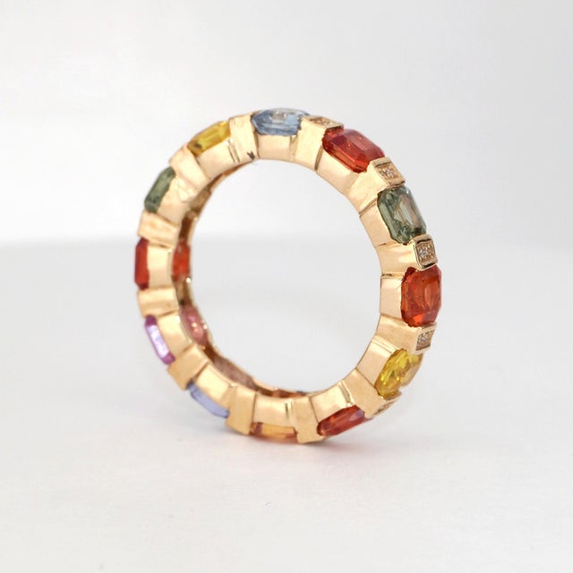 White 14k Gold Multi-Gemstone Ring With Asscher-Cut Sapphires For Sale - Image 8 of 18