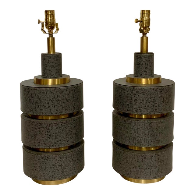 Currey & Co. Modern Gray Faux Shagreen Table Lamps Pair For Sale