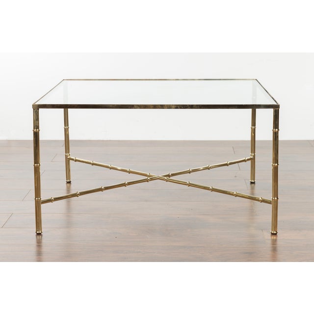 Mid 20th Century Italian Midcentury Brass Coffee Table with Glass Top and X-Form Cross Stretcher For Sale - Image 5 of 12