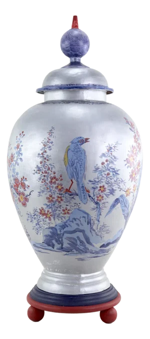 Stunning Handcrafted Metal Shogun Jar Hand Painted Chinoiserie Bird and Flower Pattern