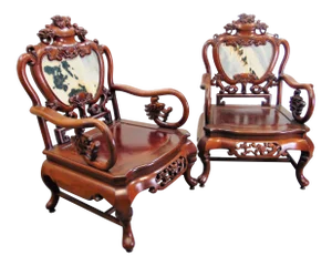 Chinese Carved Rosewood & Marble Chairs - a Pair
